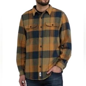 Frank And Oak Heavy Flannel Shirt Jacket L Mustard Navy Plaid Cotton Overshirt